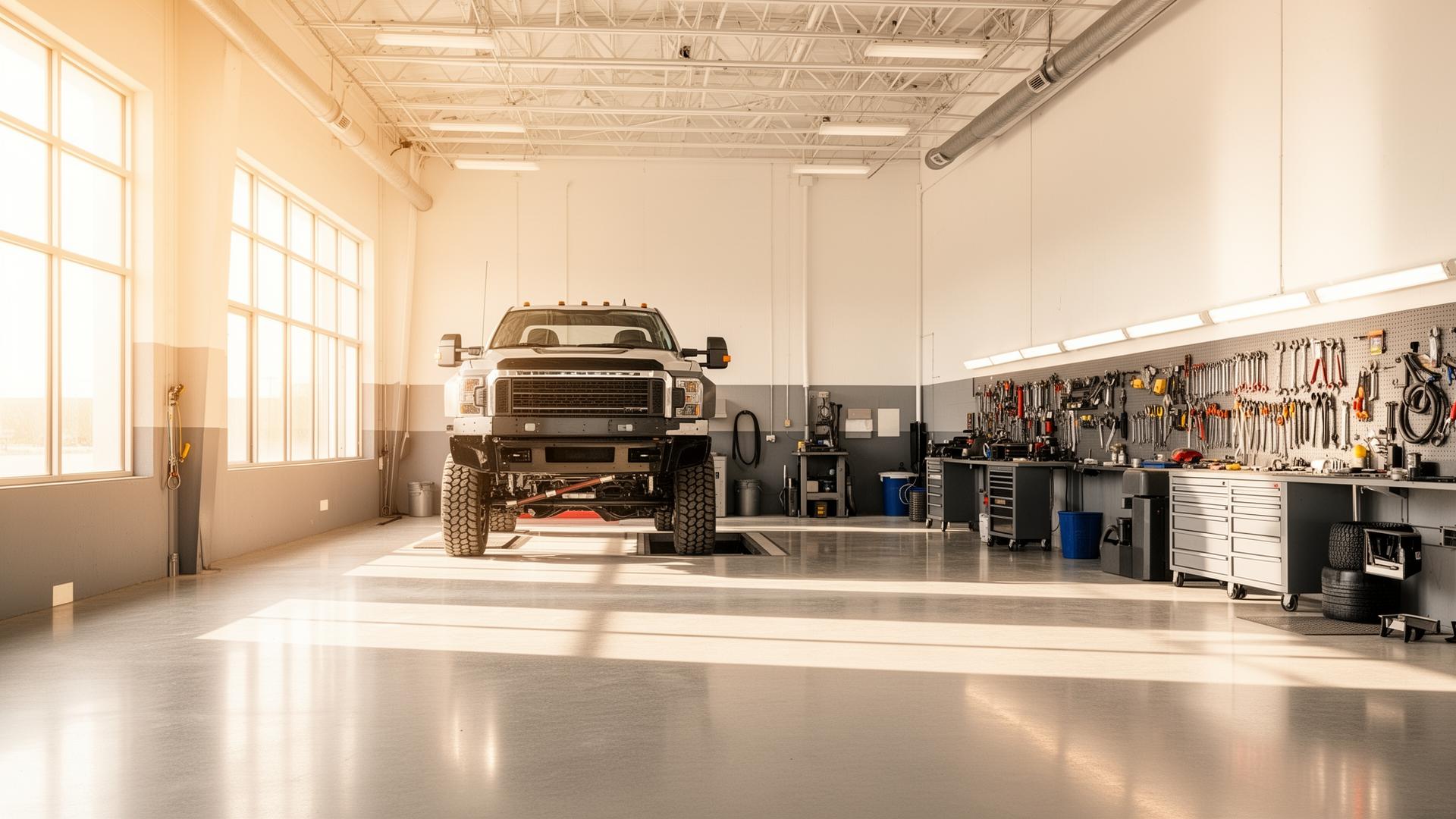 Clean diesel workshop with warm daylight
